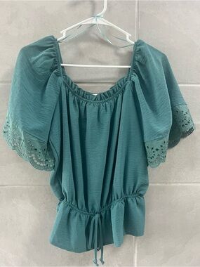 Teal Peasant Blouse with Eyelet Sleeve Detail